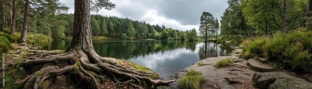 Poster scenic view of lake in pine forest under peaceful nature concept. serene landscape with a lake surro