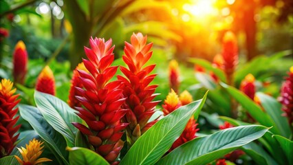 Obraz premium Colorful Zingiber flowers blooming in a tropical garden with lush greenery and vibrant colors surrounding them