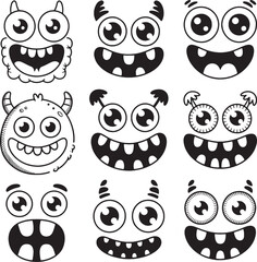 Fototapeta premium Nine cute monster faces cartoon illustration design