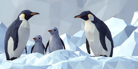 Fototapeta premium Low-poly penguins on icy terrain.