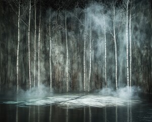 Misty, theatrical birch forest stage setting.