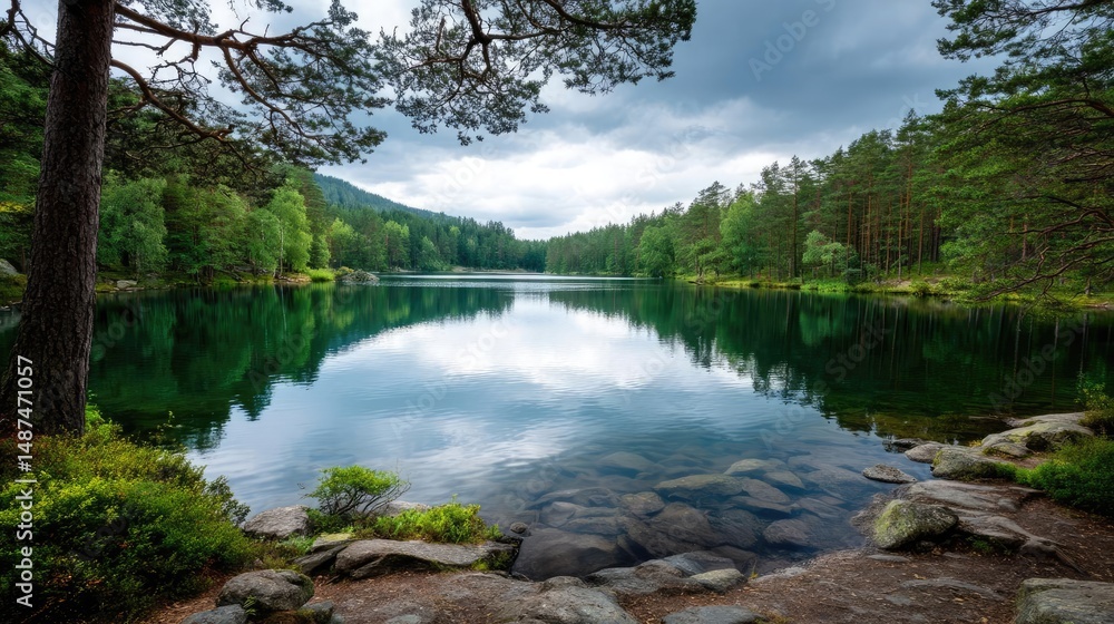 Poster scenic view of lake in pine forest under peaceful nature concept. serene lake surrounded by lush tre
