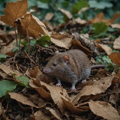 A shrew in leaf pile, hibernating pose, clean style