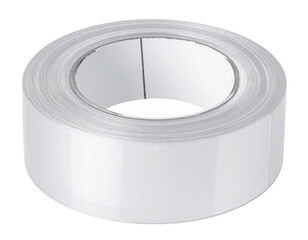 Transparent adhesive tape roll with a glossy surface sitting on a white background, ideal for office or craft use