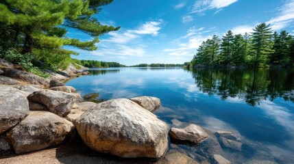 Scenic view of lake in pine forest with rock and trees concept. Serene lakeside view with rocks and lush green trees.