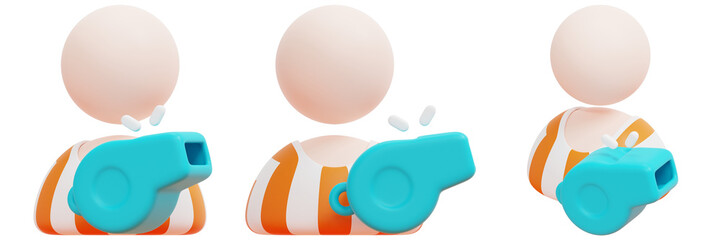 Set of Cartoon Referees Holding Whistles 3d Render Icon Illustration