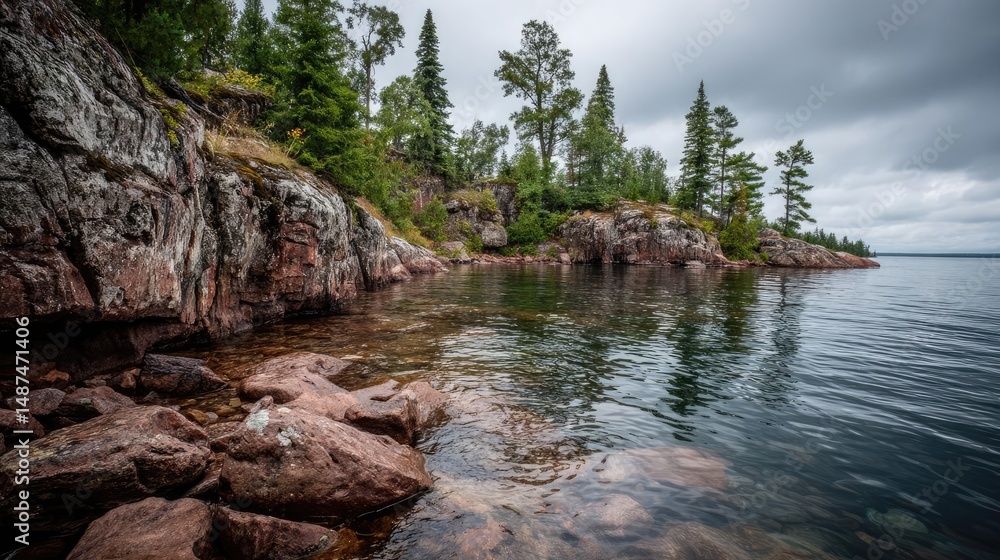 Aufkleber scenic view of lake in pine forest under peaceful nature concept. a serene lakeshore with rocky form