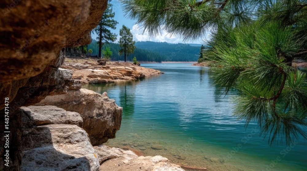 Poster scenic view of lake in pine forest with rock and trees concept. tranquil lake view surrounded by lus