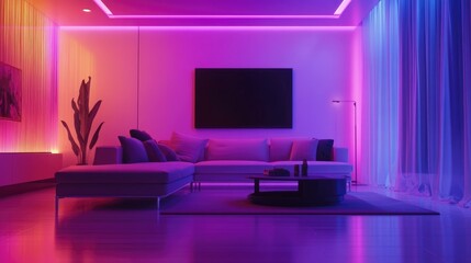 Modern living room with colorful LED lights, sectional sofa, and stylish decor