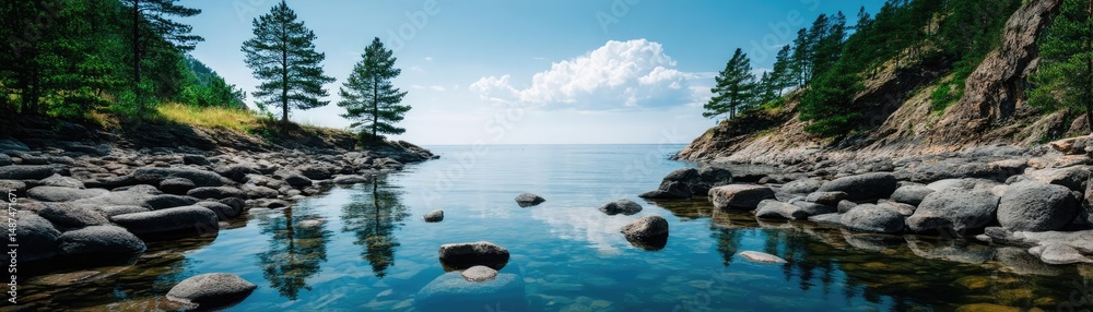Poster scenic view of lake in pine forest with rock and trees concept. serene landscape with still water re