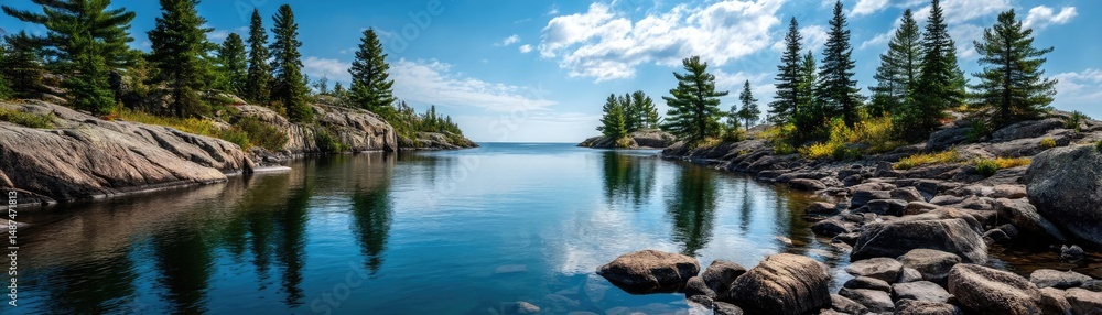 Poster scenic view of lake in pine forest with rock and trees concept. tranquil lake surrounded by lush tre