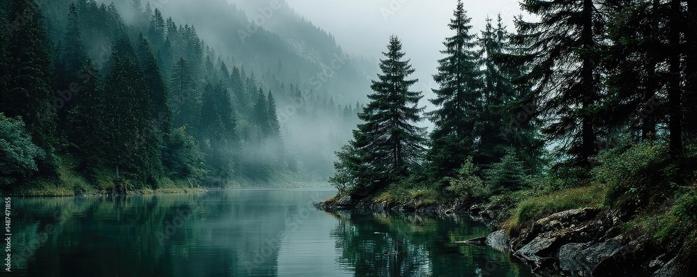 Poster Scenic view of lake in pine forest under cloudy blue sky concept. Serene forest landscape with misty reflections on calm water.