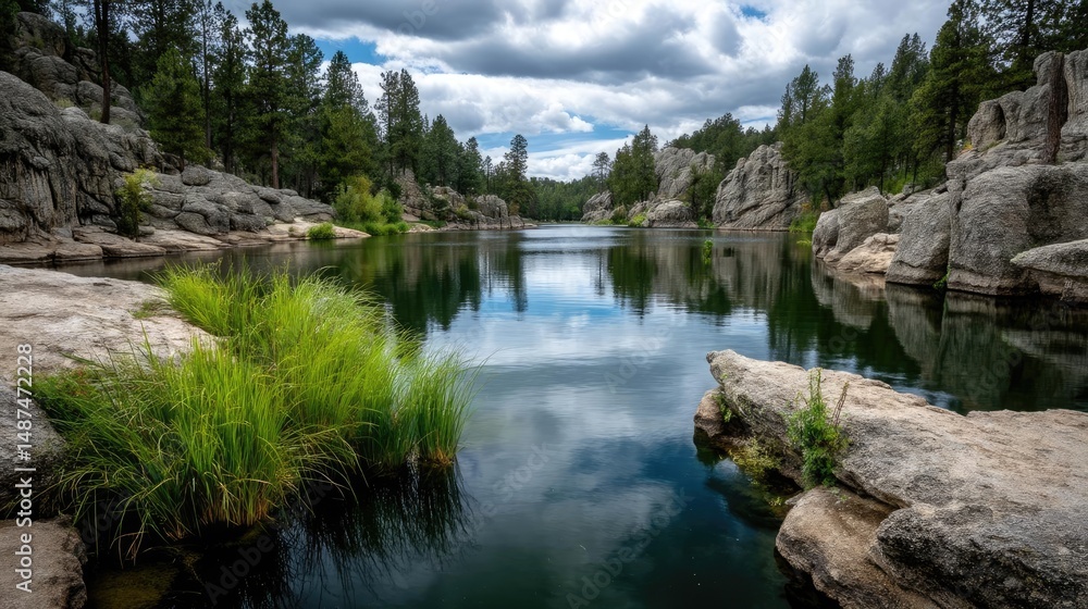 Aufkleber scenic view of lake in pine forest under peaceful nature concept. serene lake surrounded by rocky fo