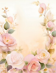 A soft floral background featuring pink and cream roses and delicate greenery.