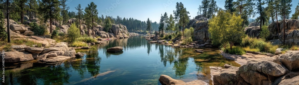 Aufkleber scenic view of lake in pine forest with rock and trees concept. serene mountain lake surrounded by l