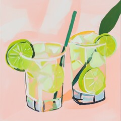 paint of 2 glasses with rum and kola with slices of lime in colors