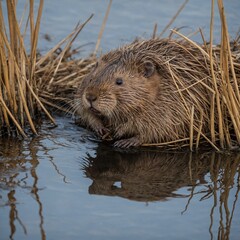 A muskrat curled in reed hut, white surround