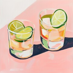 paint of 2 glasses with rum and kola with slices of lime in colors