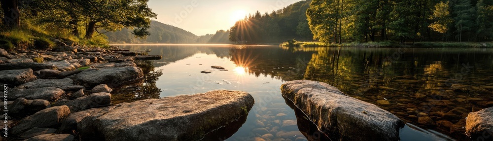 Poster scenic view of lake in pine forest with rock and trees concept. serene lake scenery at sunrise with 