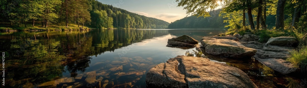 Aufkleber scenic view of lake in pine forest with rock and trees concept. serene landscape with calm water ref