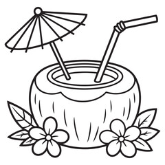 Coconut Drink with Umbrella Coloring Page Line Art