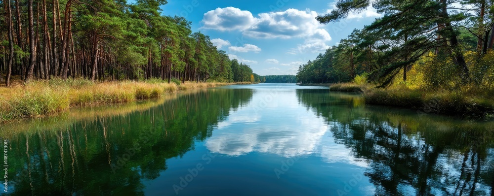 Poster scenic view of lake in pine forest under cloudy blue sky concept. serene lake surrounded by lush pin