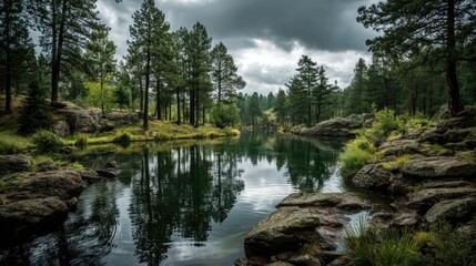 Scenic view of lake in pine forest under peaceful nature concept. Serene lake surrounded by lush green trees and rocky formations.