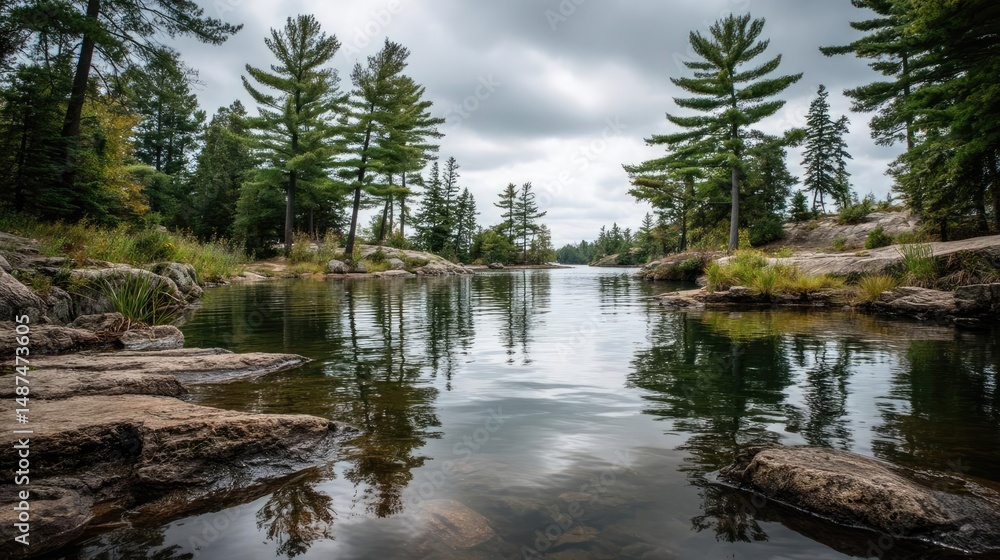 Poster scenic view of lake in pine forest under peaceful nature concept. serene lake with pine trees and a 