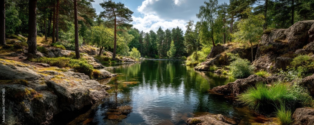 Poster scenic view of lake in pine forest with rock and trees concept. serene forest landscape with a tranq