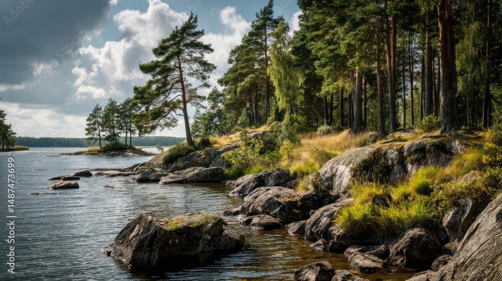 Poster scenic view of lake in pine forest under peaceful nature concept. scenic view of a tranquil lake sur