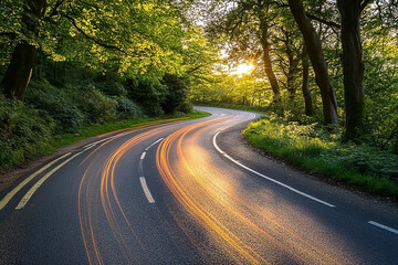 Fototapeta premium Winding road bathed in golden sunlight cutting through lush green forest