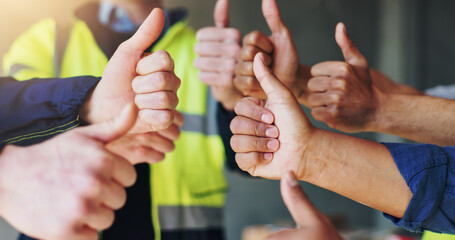 Fototapeta na wymiar Thumbs up, engineer and group in construction site, hands and opinion for safety at work, vote and yes. Closeup, people and contractor with sign for architecture, agreement and review for development