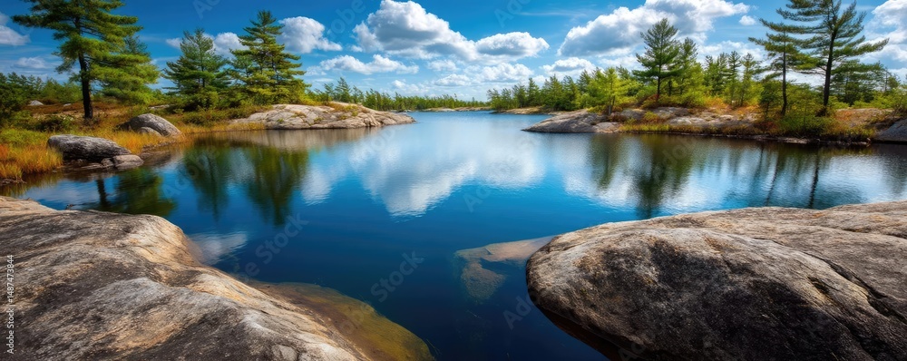 Poster scenic view of lake in pine forest under peaceful nature concept. tranquil lake scene with reflectio