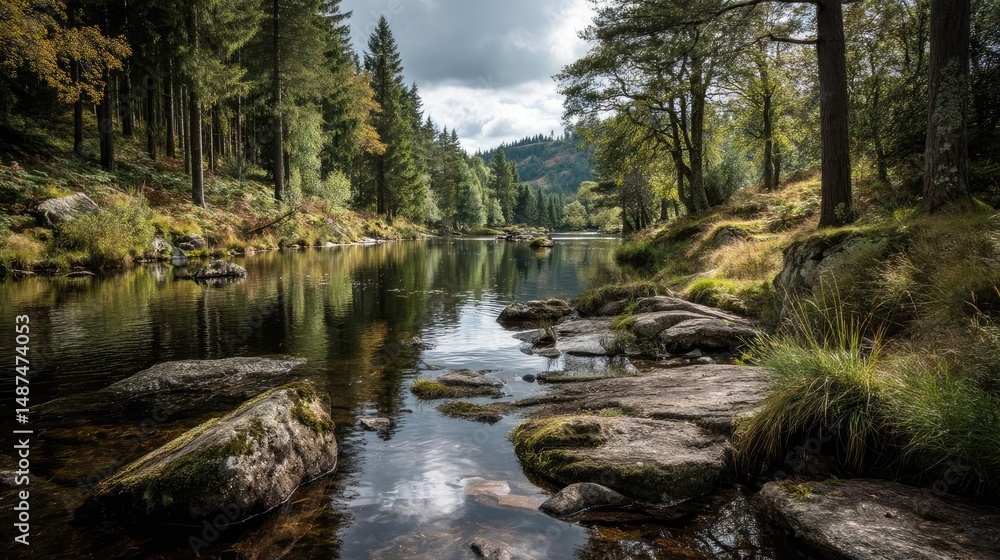Poster scenic view of lake in pine forest with rock and trees concept. serene river surrounded by lush tree