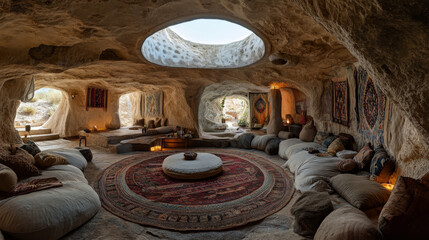 A underground house featuring organic shapes, a round seating area with cushions, and a rug. Natural light streams in from a skylight, creating a cozy ambiance.