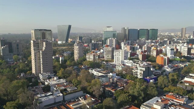 Aerial of Polanco neighborhood of Mexico City during sunrise