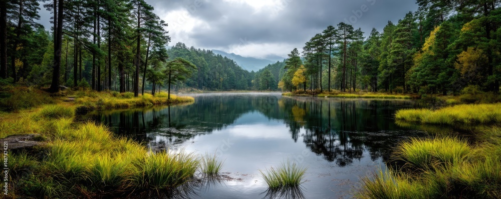 Poster scenic view of lake in pine forest under cloudy blue sky concept. tranquil lakeside view surrounded 