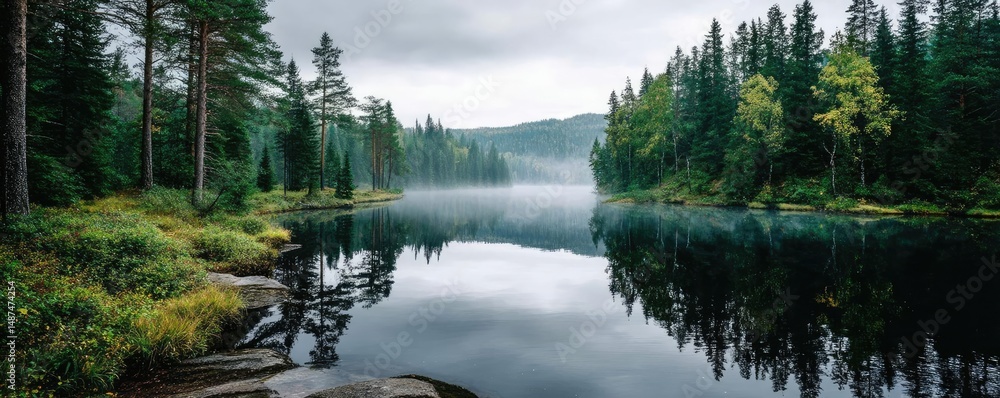 Aufkleber Scenic view of lake in pine forest under cloudy blue sky concept. Serene lake surrounded by lush forests under a cloudy sky.