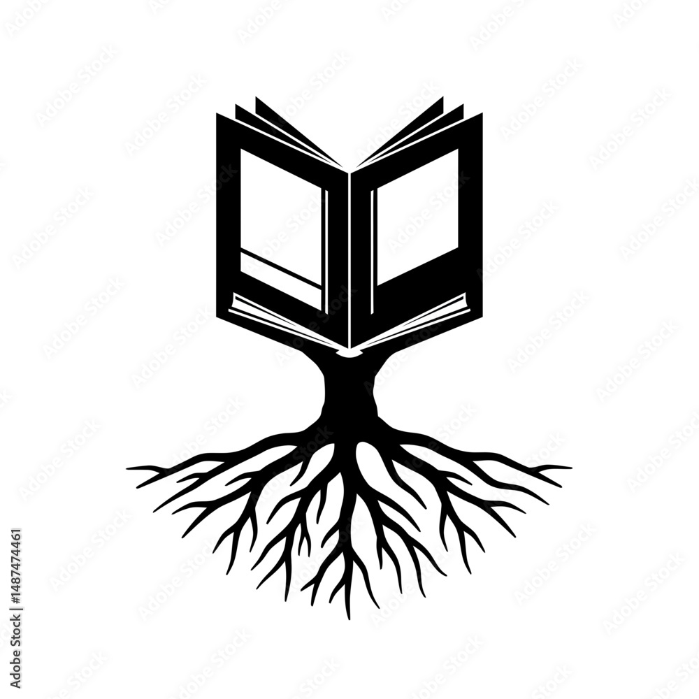 Poster knowledge roots: a striking illustration of a book sprouting roots, symbolizing the growth of knowle