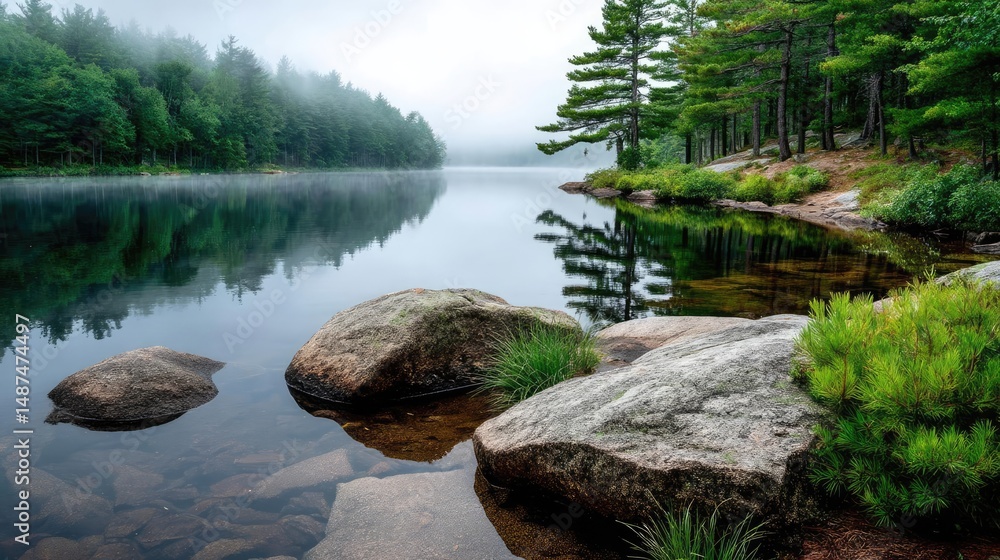 Poster scenic view of lake in pine forest under peaceful nature concept. serene lake surrounded by lush tre