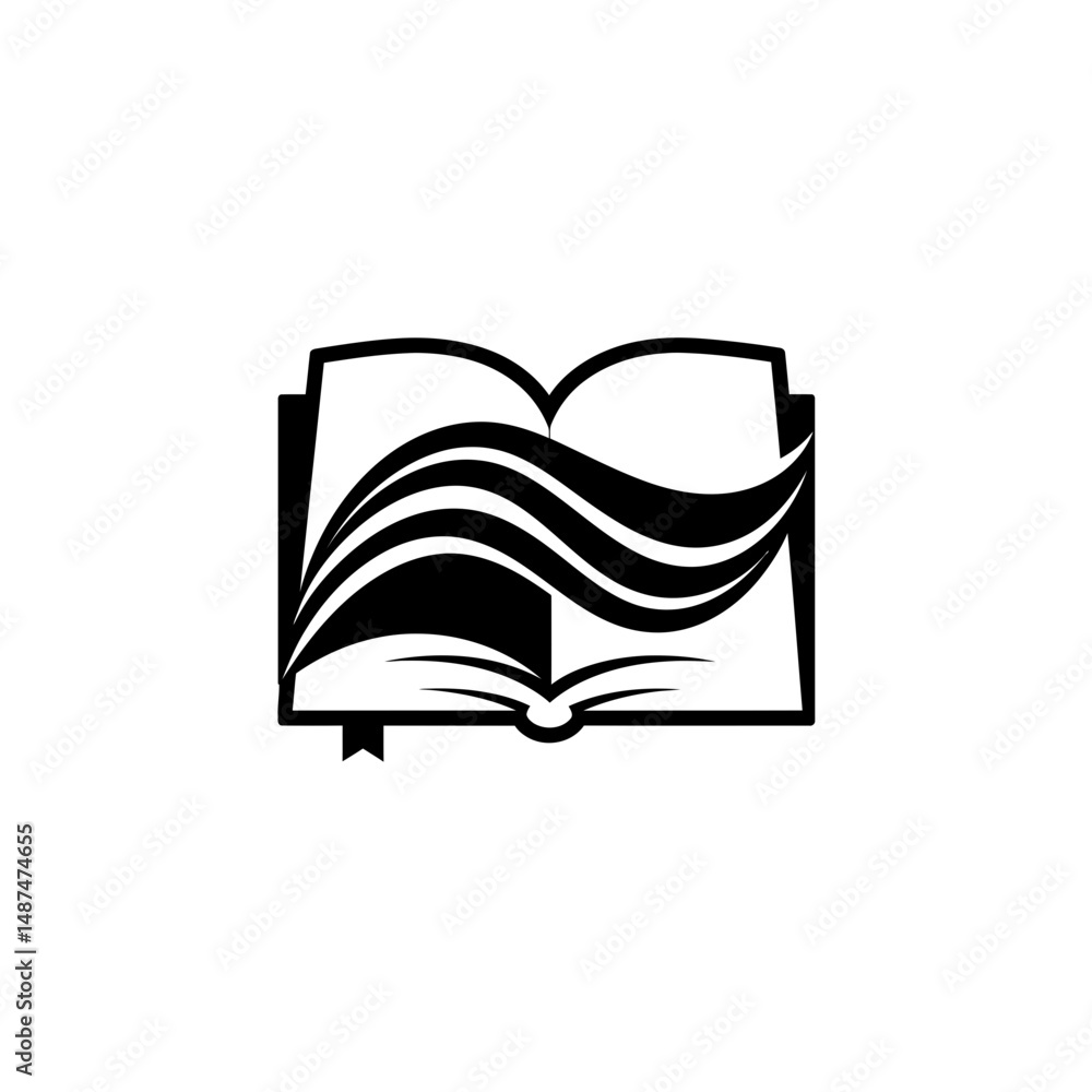 Poster open book logo: a striking monochrome image featuring an open book, where pages are artfully represe