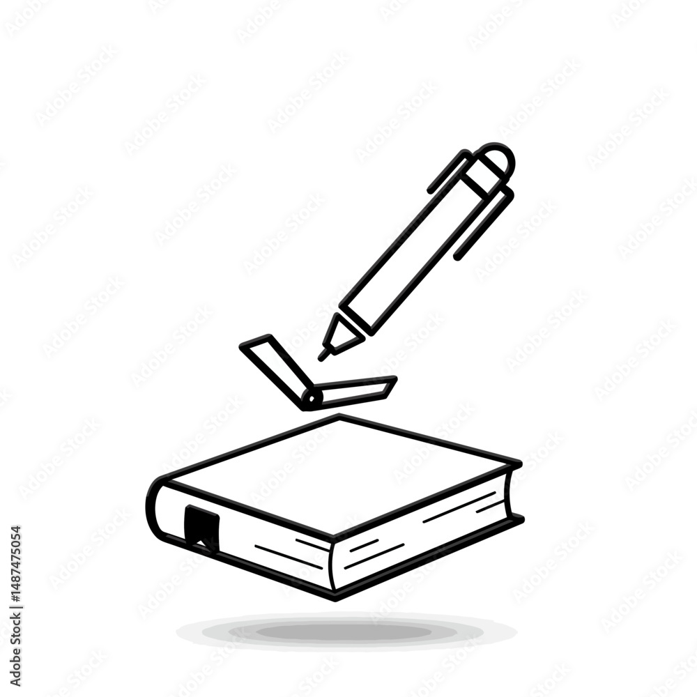 Poster pen & book: a simple yet elegant sketch of a pen hovering above a closed book, symbolizing the begin