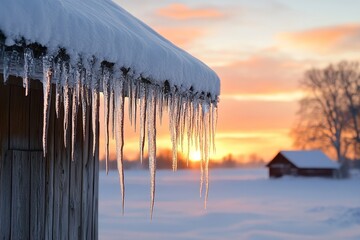 Icicles glinting in the first light of dawn hanging from the roof of a snow-draped wooden barn, Generative AI