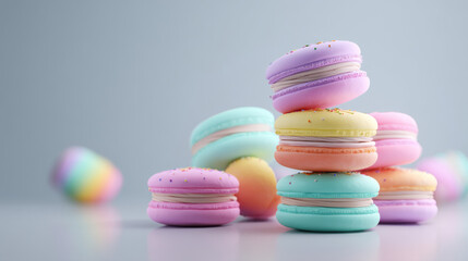 Fototapeta premium A colorful assortment of delicious macarons stacked on a light background.