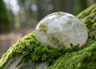 Crystal Sphere Resting on Lush Green Moss in Forest