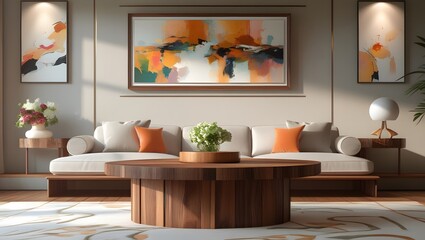 Interior scene with a wooden center table and a framed painting as focal points. Warm, elegant, and ideal for home decor, art, or design-themed visuals.