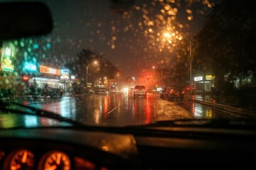 Rainy night drive with neon lights outside