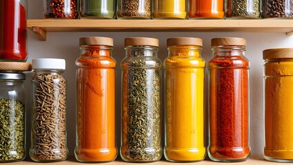 Glass Spice Jars on Wooden Rack with Colorful Cooking Spices in Kitchen Setting
