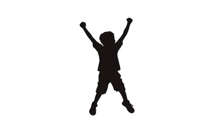 Happy Boy Cheering Silhouette with Raised Arms Isolated on White Background