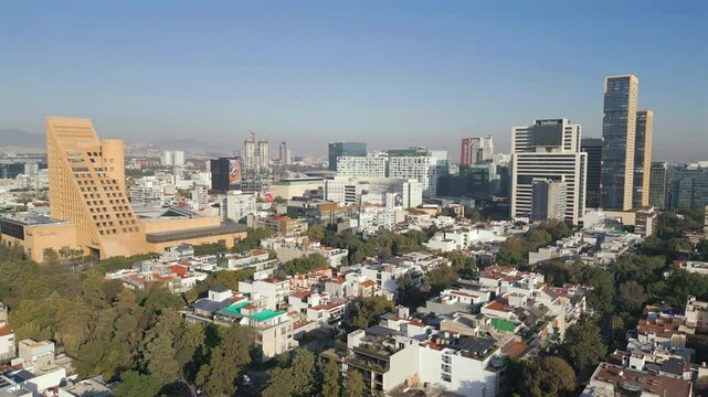 Aerial of Polanco neighborhood of Mexico City during sunrise